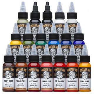 Vintage Ink is a brand-new set of tattoo inks based on nostalgic, popular hues. The hues include the full range of primary, plus secondary, and tertiary colors, but with very distinct color differences. In other words, no overlapping colors and any neighb